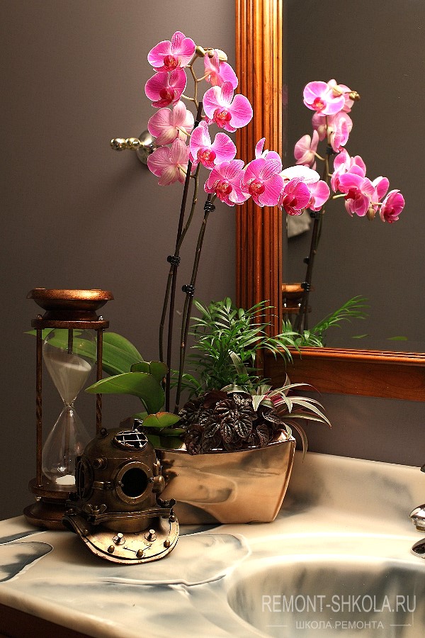 Фото — Яркая орхидея в ванной комнате